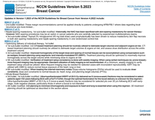NCCN Guidelines Version 5.2023
Breast Cancer
Version 5.2023, 12/05/23 © 2023 National Comprehensive Cancer Network®
(NCCN®
), All rights reserved. NCCN Guidelines®
and this illustration may not be reproduced in any form without the express written permission of NCCN.
NCCN Guidelines Index
Table of Contents
Discussion
UPDATES
BINV-F (2 of 2)
• 2nd bullet modified: These margin recommendations cannot be applied directly to patients undergoing APBI/PBI,1 where data regarding local
recurrence are more limited...
BINV-H (7 of 7)
• Nipple-sparing mastectomy, 1st sub-bullet modified: Historically, the NAC has been sacrificed with skin-sparing mastectomy for cancer therapy.
However, NAC-sparing procedures may be an option in cancer patients who are carefully selected by experienced multidisciplinary teams.
3rd sub-bullet added: Topical 2% nitroglycerine (45 mg total dose) used prophylactically has been shown to reduce mastectomy skin flap necrosis
in both skin sparing mastectomy and nipple sparing mastectomy in one randomized control trial.
BINV-I (1 of 3)
• Optimizing delivery of individual therapy, 1st bullet:
1st sub-bullet modified: 3-D CT-based treatment planning should be routinely utilized to delineate target volumes and adjacent organs at risk. CT-
based treatment planning should routinely be utilized to delineate target volumes  organs at risk, and assess dose distribution across the entire
treatment volume.
3rd sub-bullet modified: Improved homogeneity of the target dose and sparing of normal tissues can be accomplished using compensators such
as wedges, forward planning using segments, and intensity-modulated RT (IMRT). Treatment planning should be optimized to maximally improve
homogeneity across the target volume while minimizing dose to organs at risk
5th sub-bullet modified: Verification of treatment setup consistency is done with weekly imaging. When using certain techniques (ie, prone breast),
more frequent imaging may be appropriate. Standard utilization of daily imaging is not recommended. At a minimum, weekly imaging to verify
treatment setup should be utilized. More frequent imaging may be needed for selected cases with inconsistent reproducibility. IGRT may be
utilized with DIBH to reduce normal tissue exposure of the heart, lung or liver.
6th sub-bullet modified: When treating the internal mammary nodes, Dose-volume histograms (DVHs) should be used to evaluate dose
constraints, dose and constraints to normal tissues (ie, heart, lung), and planning target volumes (PTVs).
• Whole Breast Radiation
3rd bullet, 1st sub-bullet modified: Ultra-hypofractionated WBRT of 28.5 Gy delivered as 5 (once-a-week) fractions may be considered in select
patients aged 50 years following BCS with pTis/T1/T2/N0, though the optimal fractionation for the boost delivery is unknown for this regimen.
Ultra-hypofractionated WBRT of 28.5 Gy in 5 (once-a-week) fractions may be considered for selected pts over 50 yrs following BCS with early-
stage, node negative disease, particularly those in whom a boost is not intended.
4th bullet modified: 3-D planning to minimize inhomogeneity and exposure to heart and lung is essential when using this regimen. 3D treatment
planning should be optimized as described in the section above.
Updates in Version 1.2023 of the NCCN Guidelines for Breast Cancer from Version 4.2022 include:
Continued
Printed by ann cocos on 1/21/2024 2:12:20 AM. For personal use only. Not approved for distribution. Copyright © 2024 National Comprehensive Cancer Network, Inc., All Rights Reserved.
 