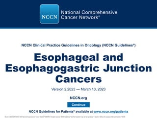 Version 2.2023, 03/10/23 © 2023 National Comprehensive Cancer Network®
(NCCN®
), All rights reserved. NCCN Guidelines®
and this illustration may not be reproduced in any form without the express written permission of NCCN.
NCCN Clinical Practice Guidelines in Oncology (NCCN Guidelines®
)
Esophageal and
Esophagogastric Junction
Cancers
Version 2.2023 — March 10, 2023
Continue
NCCN.org
NCCN Guidelines for Patients®
available at www.nccn.org/patients
 
