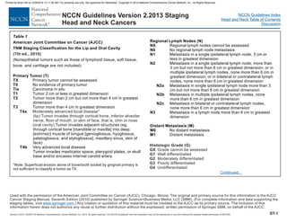 Version 2.2013, 05/29/13 © National Comprehensive Cancer Network, Inc. 2013, All rights reserved. The NCCN Guidelines and this illustration may not be reproduced in any form without the express written permission of NCCN®.
®
NCCN Guidelines Index
Head and Neck Table of Contents
Discussion
NCCN Guidelines Version 2.2013
Head and Neck Cancers
Staging
Table 1
American Joint Committee on Cancer (AJCC)
TNM Staging Classification for
Primary Tumor (T)
TX
T0
Tis
T1
T2
T3
T4a
T4b
Regional Lymph Nodes (N)
NX
N0
N1
N2
N2a
N2b
N2c
N3
Distant Metastasis (M)
M0
M1
the Lip and Oral Cavity
(Nonepithelial tumors such as those of lymphoid tissue, soft tissue,
bone, and cartilage are not included)
Primary tumor cannot be assessed
No evidence of primary tumor
Carcinoma
Tumor 2 cm or less in greatest dimension
Tumor more than 2 cm but not more than 4 cm in greatest
dimension
Tumor more than 4 cm in greatest dimension
Tumor invades adjacent structures (eg,
through cortical bone [mandible or maxilla] into deep
[extrinsic] muscle of tongue [genioglossus, hyoglossus,
palatoglossus, and styloglossus], maxillary sinus, skin of
face)
Very advanced local disease
Tumor invades masticator space, pterygoid plates, or skull
base and/or encases internal carotid artery
Regional lymph nodes cannot be assessed
No regional lymph node metastasis
Metastasis in a single ipsilateral lymph node, 3 cm or
less in greatest dimension
Metastasis in a single ipsilateral lymph node, more than
3 cm but not more than 6 cm in greatest dimension; or in
multiple ipsilateral lymph nodes, none more than 6 cm in
greatest dimension; or in bilateral or contralateral lymph
nodes, none more than 6 cm in greatest dimension
Metastasis in single ipsilateral lymph node more than 3
cm but not more than 6 cm in greatest dimension
Metastasis in multiple ipsilateral lymph nodes, none
more than 6 cm in greatest dimension
Metastasis in bilateral or contralateral lymph nodes,
none more than 6 cm in greatest dimension
Metastasis in a lymph node more than 6 cm in greatest
dimension
No distant metastasis
Distant metastasis
in situ
*Note: Superficial erosion alone of bone/tooth socket by gingival primary is
not sufficient to classify a tumor as T4.
(7th ed., 2010)
Moderately advanced local disease*
(lip) Tumor invades through cortical bone, inferior alveolar
nerve, floor of mouth, or skin of face, that is, chin or nose
(oral cavity)
Histologic Grade (G)
GX
G1
G2
G3
G4
Grade cannot be assessed
Well differentiated
Moderately differentiated
Poorly differentiated
Undifferentiated
Continued...
Used with the permission of the American Joint Committee on Cancer (AJCC), Chicago, Illinois. The original and primary source for this information is the AJCC
Cancer Staging Manual, Seventh Edition (2010) published by Springer Science+Business Media, LLC (SBM). (For complete information and data supporting the
staging tables, visit .) Any citation or quotation of this material must be credited to the AJCC as its primary source. The inclusion of this
information herein does not authorize any reuse or further distribution without the expressed, written permission of Springer SBM, on behalf of the AJCC.
www.springer.com
ST-1
Printed by Brian Hill on 2/28/2014 12:11:38 AM. For personal use only. Not approved for distribution. Copyright © 2014 National Comprehensive Cancer Network, Inc., All Rights Reserved.
 