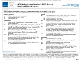Version 2.2013, 05/29/13 © National Comprehensive Cancer Network, Inc. 2013, All rights reserved. The NCCN Guidelines and this illustration may not be reproduced in any form without the express written permission of NCCN®.
®
NCCN Guidelines Index
Head and Neck Table of Contents
Discussion
ST-6
Used with the permission of the American Joint Committee on Cancer (AJCC), Chicago, Illinois. The original and primary source for this information is the AJCC
Cancer Staging Manual, Seventh Edition (2010) published by Springer Science+Business Media, LLC (SBM). (For complete information and data supporting the
staging tables, visit .) Any citation or quotation of this material must be credited to the AJCC as its primary source. The inclusion of this
information herein does not authorize any reuse or further distribution without the expressed, written permission of Springer SBM, on behalf of the AJCC.
www.springer.com
NCCN Guidelines Version 2.2013
Head and Neck Cancers
Staging
Table 3
American Joint Committee on Cancer (AJCC) TNM Staging System for the Larynx (7th ed., 2010)
(Nonepithelial tumors such as those of lymphoid tissue, soft tissue, bone, and cartilage are not included)
Glottis
T1
T1a
T1b
T2
T3
T4a
T4b
Subglottis
T1
T2
T3
T4a
T4b
Tumor limited to the vocal cord(s) (may involve anterior or
posterior commissure) with normal mobility
Tumor limited to one vocal cord
Tumor involves both vocal cords
Tumor extends to supraglottis and/or subglottis, and/or with
impaired vocal cord mobility
Tumor limited to the larynx with vocal cord fixation and/or
invasion of paraglottic space, and/or inner cortex of the
thyroid cartilage
Moderately advanced local disease
Tumor invades through the outer cortex of the thyroid
cartilage and/or invades tissues beyond the larynx (eg,
trachea, soft tissues of neck including deep extrinsic
muscle of the tongue, strap muscles, thyroid, or esophagus)
Very advanced local disease
Tumor invades prevertebral space, encases carotid artery,
or invades mediastinal structures
Tumor limited to the subglottis
Tumor extends to vocal cord(s) with normal or impaired
mobility
Tumor limited to larynx with vocal cord fixation
Moderately advanced local disease
Tumor invades cricoid or thyroid cartilage and/or invades
tissues beyond the larynx (eg, trachea, soft tissues of neck
including deep extrinsic muscles of the tongue, strap
muscles, thyroid, or esophagus)
Very advanced local disease
Tumor invades prevertebral space, encases carotid artery,
or invades mediastinal structures
Primary Tumor (T)
TX
T0
Tis
Supraglottis
T1
T2
T3
T4a
T4b
Primary tumor cannot be assessed
No evidence of primary tumor
Carcinoma
Tumor limited to one subsite of supraglottis with normal
vocal cord mobility
Tumor invades mucosa of more than one adjacent subsite of
supraglottis or glottis or region outside the supraglottis (eg,
mucosa of base of tongue, vallecula, medial wall of pyriform
sinus) without fixation of the larynx
Tumor limited to larynx with vocal cord fixation and/or
invades any of the following: postcricoid area, pre-epiglottic
space, paraglottic space, and/or inner cortex of thyroid
cartilage
Moderately advanced local disease
Tumor invades through the thyroid cartilage and/or invades
tissues beyond the larynx (eg, trachea, soft tissues of neck
including deep extrinsic muscle of the tongue, strap
muscles, thyroid, or esophagus)
Very advanced local disease
Tumor invades prevertebral space, encases carotid artery,
or invades mediastinal structures
in situ
Continued on next page
Printed by Brian Hill on 2/28/2014 12:11:38 AM. For personal use only. Not approved for distribution. Copyright © 2014 National Comprehensive Cancer Network, Inc., All Rights Reserved.
 