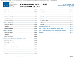 Version 2.2013, 05/29/13 © National Comprehensive Cancer Network, Inc. 2013, All rights reserved. The NCCN Guidelines® and this illustration may not be reproduced in any form without the express written permission of NCCN®. MS-2
NCCN Guidelines Index
Head and Neck Table of Contents
Discussion
NCCN Guidelines Version 2.2013
Head and Neck Cancers
Treatment......................................................................................................MS-17 
Follow-up/Surveillance...................................................................................MS-20 
Cancer of the Hypopharynx ...............................................................................MS-20 
Workup and Staging ......................................................................................MS-20 
Treatment......................................................................................................MS-20 
Follow-up/Surveillance...................................................................................MS-21 
Cancer of the Nasopharynx ...............................................................................MS-22 
Workup and Staging ......................................................................................MS-22 
Treatment......................................................................................................MS-22 
Follow-up/Surveillance...................................................................................MS-23 
Cancer of the Larynx .........................................................................................MS-24 
Workup and Staging ......................................................................................MS-24 
Treatment......................................................................................................MS-24 
Follow-up/Surveillance...................................................................................MS-26 
Paranasal Tumors (Maxillary and Ethmoid Sinus Tumors) .................................MS-26 
Ethmoid Sinus Tumors ..................................................................................MS-26 
Maxillary Sinus Tumors .................................................................................MS-27 
Follow-up.......................................................................................................MS-27 
Very Advanced Head and Neck Cancers ...........................................................MS-27 
Treatment......................................................................................................MS-27 
Occult Primary Cancer.......................................................................................MS-29 
Workup..........................................................................................................MS-30 
Treatment ..................................................................................................... MS-30 
Salivary Gland Tumors...................................................................................... MS-31 
Treatment ..................................................................................................... MS-31 
Follow-up...................................................................................................... MS-32 
Mucosal Melanoma of the Head and Neck ........................................................ MS-32 
Workup and Staging ..................................................................................... MS-32 
Treatment ..................................................................................................... MS-32 
Follow-up...................................................................................................... MS-34 
Recommended Reading List ............................................................................. MS-34 
Figure 1: Anatomic Sites and Subsites of the Head and Neck ........................... MS-36 
Figure 2: Level Designation for Cervical Lymphatics in the Right Neck.............. MS-36 
References ....................................................................................................... MS-37 
Printed by Brian Hill on 2/28/2014 12:11:38 AM. For personal use only. Not approved for distribution. Copyright © 2014 National Comprehensive Cancer Network, Inc., All Rights Reserved.
 