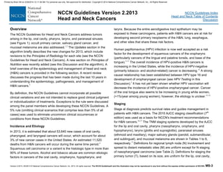 Version 2.2013, 05/29/13 © National Comprehensive Cancer Network, Inc. 2013, All rights reserved. The NCCN Guidelines® and this illustration may not be reproduced in any form without the express written permission of NCCN®. MS-3
NCCN Guidelines Index
Head and Neck Table of Contents
Discussion
NCCN Guidelines Version 2.2013
Head and Neck Cancers
Overview
The NCCN Guidelines for Head and Neck Cancers address tumors
arising in the lip, oral cavity, pharynx, larynx, and paranasal sinuses
(see Figure 1); occult primary cancer, salivary gland cancer, and
mucosal melanoma are also addressed.1,2
The Updates section in the
algorithm briefly describes the new changes for 2013, which include
revisions to the Principles of Radiology for each site (see the NCCN
Guidelines for Head and Neck Cancers). A new section on Principles of
Nutrition was recently added (see this Discussion and the algorithm). A
brief overview of the epidemiology and management of head and neck
(H&N) cancers is provided in the following section. A recent review
discusses the progress that has been made during the last 10 years in
understanding the epidemiology, pathogenesis, and management of
H&N cancers.3
By definition, the NCCN Guidelines cannot incorporate all possible
clinical variations and are not intended to replace good clinical judgment
or individualization of treatments. Exceptions to the rule were discussed
among the panel members while developing these NCCN Guidelines. A
5% rule (omitting clinical scenarios that comprise less than 5% of all
cases) was used to eliminate uncommon clinical occurrences or
conditions from these NCCN Guidelines.
Incidence and Etiology
In 2013, it is estimated that about 53,640 new cases of oral cavity,
pharyngeal, and laryngeal cancers will occur, which account for about
3% of new cancer cases in the United States. An estimated 11,520
deaths from H&N cancers will occur during the same time period.4
Squamous cell carcinoma or a variant is the histologic type in more than
90% of these tumors. Alcohol and tobacco abuse are common etiologic
factors in cancers of the oral cavity, oropharynx, hypopharynx, and
larynx. Because the entire aerodigestive tract epithelium may be
exposed to these carcinogens, patients with H&N cancers are at risk for
developing second primary neoplasms of the H&N, lung, esophagus,
and other sites that share these risk factors.
Human papillomavirus (HPV) infection is now well accepted as a risk
factor for the development of squamous cancers of the oropharynx
(particularly cancers of the lingual and palatine tonsils, and base of the
tongue).5-11
The overall incidence of HPV-positive H&N cancers is
increasing in the United States, while the incidence of HPV-negative
(primarily tobacco- and alcohol-related) cancer is decreasing.12
A strong
causal relationship has been established between HPV type 16 and
development of oropharyngeal cancer (see HPV Testing in this
Discussion).5
It has not yet been shown whether HPV vaccination will
decrease the incidence of HPV-positive oropharyngeal cancer. Cancer
of the oral tongue also seems to be increasing in young white women,
(+1%/year among young women); however, the etiology is unclear.13-15
Staging
Stage at diagnosis predicts survival rates and guides management in
patients with H&N cancers. The 2010 AJCC staging classification (7th
edition) was used as a basis for NCCN's treatment recommendations
for H&N cancers.16,17
The TNM staging systems developed by the AJCC
for the lip and oral cavity, pharynx (nasopharynx, oropharynx, and
hypopharynx), larynx (glottis and supraglottis), paranasal sinuses
(ethmoid and maxillary), major salivary glands (parotid, submandibular,
and sublingual), and mucosal melanoma are shown in Tables 1 to 6,
respectively.17
Definitions for regional lymph node (N) involvement and
spread to distant metastatic sites (M) are uniform except for N staging
of nasopharyngeal carcinoma (see Table 2). Definitions for staging the
primary tumor (T), based on its size, are uniform for the lip, oral cavity,
Printed by Brian Hill on 2/28/2014 12:11:38 AM. For personal use only. Not approved for distribution. Copyright © 2014 National Comprehensive Cancer Network, Inc., All Rights Reserved.
 