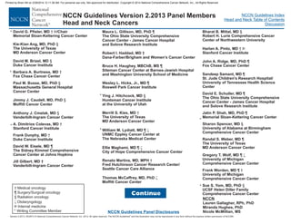 Version 2.2013, 05/29/13 © National Comprehensive Cancer Network, Inc. 2013, All rights reserved. The NCCN Guidelines and this illustration may not be reproduced in any form without the express written permission of NCCN®.
®
NCCN Guidelines Index
Head and Neck Table of Contents
Discussion
NCCN Guidelines Version 2.2013 Panel Members
Head and Neck Cancers
David G. Pfister, MD /Chair
Memorial Sloan-Kettering Cancer Center
Kie-Kian Ang, MD, PhD
The University of Texas
MD Anderson Cancer Center
David M. Brizel, MD
Duke Cancer Institute
Barbara A. Burtness, MD
Fox Chase Cancer Center
Paul M. Busse, MD, PhD
Massachusetts General Hospital
Cancer Center
Jimmy J. Caudell, MD, PhD
Moffitt Cancer Center
Anthony J. Cmelak, MD
Vanderbilt-Ingram Cancer Center
A. Dimitrios Colevas, MD
Stanford Cancer Institute
Frank Dunphy, MD
Duke Cancer Institute
David W. Eisele, MD
The Sidney Kimmel Comprehensive
Cancer Center at Johns Hopkins
Jill Gilbert, MD
† Þ
§
§
§
†
§
§
†
†
¶
†
Vanderbilt-Ingram Cancer Center
Bharat B. Mittal, MD
Robert H. Lurie Comprehensive Cancer
Center of Northwestern University
Harlan A. Pinto, MD
Stanford Cancer Institute
John A. Ridge, MD, PhD
Fox Chase Cancer Center
Sandeep Samant, MD
St. Jude Children's Research Hospital/
University of Tennessee Health Science
Center
David E. Schuller, MD
The Ohio State University Comprehensive
Cancer Center - James Cancer Hospital
and Solove Research Institute
§
† Þ
¶
¶
¶
¶
§
¶
¶
¶ †
§
Jatin P. Shah, MD, PhD
Memorial Sloan-Kettering Cancer Center
Sharon Spencer, MD
University of Alabama at Birmingham
Comprehensive Cancer Center
Randal S. Weber, MD
The University of Texas
MD Anderson Cancer Center
Gregory T. Wolf, MD
University of Michigan
Comprehensive Cancer Center
Frank Worden, MD
University of Michigan
Comprehensive Cancer Center
Sue S. Yom, MD, PhD
UCSF Helen Diller Family
Comprehensive Cancer Center
z
Maura L. Gillison, MD, PhD
The Ohio State University Comprehensive
Cancer Center - James Cancer Hospital
and Solove Research Institute
Robert I. Haddad, MD †
Dana-Farber/Brigham and Women’s Cancer Center
Bruce H. Haughey, MBChB, MS
Siteman Cancer Center at Barnes-Jewish Hospital
and Washington University School of Medicine
Wesley L. Hicks, Jr., MD
Roswell Park Cancer Institute
¶
¶
¶
§
Ying J. Hitchcock, MD
Huntsman Cancer Institute
at the University of Utah
Merrill S. Kies, MD
The University of Texas
MD Anderson Cancer Center
William M. Lydiatt, MD
UNMC Eppley Cancer Center at
The Nebraska Medical Center
Ellie Maghami, MD
City of Hope Comprehensive Cancer Center
Renato Martins, MD, MPH
Fred Hutchinson Cancer Research Center/
Seattle Cancer Care Alliance
Thomas McCaffrey, MD, PhD
Moffitt Cancer Center
†
¶
¶
†
z
z
z
*
† Medical oncology
¶ Surgery/Surgical oncology
§ Radiation oncology
Otolaryngology
Þ Internal medicine
z
* Writing Committee Member NCCN Guidelines Panel Disclosures
*
Continue
NCCN
Lauren Gallagher, RPh, PhD
Miranda Hughes, PhD
Nicole McMillian, MS
*
*
*
*
*
Printed by Brian Hill on 2/28/2014 12:11:38 AM. For personal use only. Not approved for distribution. Copyright © 2014 National Comprehensive Cancer Network, Inc., All Rights Reserved.
 