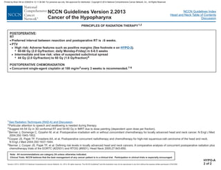 Version 2.2013, 05/29/13 © National Comprehensive Cancer Network, Inc. 2013, All rights reserved. The NCCN Guidelines and this illustration may not be reproduced in any form without the express written permission of NCCN®.
®
NCCN Guidelines Index
Head and Neck Table of Contents
Discussion
Note: All recommendations are category 2A unless otherwise indicated.
Clinical Trials: NCCN believes that the best management of any cancer patient is in a clinical trial. Participation in clinical trials is especially encouraged.
NCCN Guidelines Version 2.2013
Cancer of the Hypopharynx
1
2
4
7
8
9
.
Particular attention to speech and swallowing is needed during therapy.
Suggest 44-54 Gy in 3D conformal RT and 54-60 Gy in IMRT due to dose painting (dependent upon dose per fraction).
Bernier J, Domenge C, Ozsahin M, et al. Postoperative irradiation with or without concomitant chemotherapy for locally advanced head and neck cancer. N Engl J Med
2004;350:1945-1952.
Cooper JS, Pajak TF, Forastiere AA, et al. Postoperative concurrent radiotherapy and chemotherapy for high-risk squamous-cell carcinoma of the head and neck.
N Engl J Med 2004;350:1937-1944.
Bernier J, Cooper JS, Pajak TF, et al. Defining risk levels in locally advanced head and neck cancers: A comparative analysis of concurrent postoperative radiation plus
chemotherapy trials of the EORTC (#22931) and RTOG (#9501). Head Neck 2005;27:843-850.
See Radiation Techniques (RAD-A) and Discussion
HYPO-A
2 of 2
POSTOPERATIVE
)
:
RT
Preferred interval between resection and postoperative RT is 6 weeks.
PTV
High risk: Adverse features such as positive margins (See footnote e on .
44 Gy (2.0 Gy/fraction) to 60 Gy (1.6 Gy/fraction)
Concurrent single-agent cisplatin at 100 mg/m every 3 weeks is recommended.
· £
·
·
>
7
>
7
60-66 Gy (2.0 Gy/fraction; daily Monday-Friday) in 6-6.5 weeks
Intermediate and low risk: sites of suspected subclinical spread
POSTOPERATIVE CHEMORADIATION
4
2 7-9
HYPO-3
PRINCIPLES OF RADIATION THERAPY1,2
Printed by Brian Hill on 2/28/2014 12:11:38 AM. For personal use only. Not approved for distribution. Copyright © 2014 National Comprehensive Cancer Network, Inc., All Rights Reserved.
 