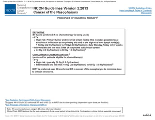 Version 2.2013, 05/29/13 © National Comprehensive Cancer Network, Inc. 2013, All rights reserved. The NCCN Guidelines and this illustration may not be reproduced in any form without the express written permission of NCCN®.
®
NCCN Guidelines Index
Head and Neck Table of Contents
Discussion
Note: All recommendations are category 2A unless otherwise indicated.
Clinical Trials: NCCN believes that the best management of any cancer patient is in a clinical trial. Participation in clinical trials is especially encouraged.
NCCN Guidelines Version 2.2013
Cancer of the Nasopharynx
DEFINITIVE
RT Alone (preferred if no chemotherapy is being used)
High risk: Primary tumor and involved lymph nodes (this includes possible local
subclinical infiltration at the primary site and at the high-risk level lymph node(s))
44 Gy (2.0 Gy/fraction) to 60 Gy (1.6 Gy/fraction)
(preferred for patients eligible for chemotherapy)
44 Gy (2.0 Gy/fraction) to 60 Gy (1.6 Gy/fraction)
·
·
PTV
66 Gy (2.2 Gy/fraction) to 70 Gy( 2.0 Gy/fraction); daily Monday-Friday in 6-7 weeks
:
PTV
High risk: typically 70 Gy (2.0 Gy/fraction)
Intermediate and low risk:
>
7
>
>
>
· Intermediate and low risk: Sites of suspected subclinical spread
2
3
2
CONCURRENT CHEMORADIATION
PRINCIPLES OF RADIATION THERAPY1
1
2
3
Suggest 44-54 Gy in 3D conformal RT and 54-60 Gy in IMRT due to dose painting (dependent upon dose per fraction).
See Radiation Techniques (RAD-A) and Discussion.
See Principles of Systemic Therapy (CHEM-A).
IMRT is preferred over 3D conformal RT in cancer of the nasopharynx to minimize dose
to critical structures.
NASO-A
Printed by Brian Hill on 2/28/2014 12:11:38 AM. For personal use only. Not approved for distribution. Copyright © 2014 National Comprehensive Cancer Network, Inc., All Rights Reserved.
 