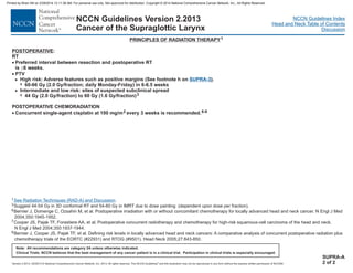 Version 2.2013, 05/29/13 © National Comprehensive Cancer Network, Inc. 2013, All rights reserved. The NCCN Guidelines and this illustration may not be reproduced in any form without the express written permission of NCCN®.
®
NCCN Guidelines Index
Head and Neck Table of Contents
Discussion
Note: All recommendations are category 2A unless otherwise indicated.
Clinical Trials: NCCN believes that the best management of any cancer patient is in a clinical trial. Participation in clinical trials is especially encouraged.
NCCN Guidelines Version 2.2013
Cancer of the Supraglottic Larynx
SUPRA-A
2 of 2
1
3
6
7
8
Suggest 44-54 Gy in 3D conformal RT and 54-60 Gy in IMRT due to dose painting (dependent upon dose per fraction).
Bernier J, Domenge C, Ozsahin M, et al. Postoperative irradiation with or without concomitant chemotherapy for locally advanced head and neck cancer. N Engl J Med
2004;350:1945-1952.
Cooper JS, Pajak TF, Forastiere AA, et al. Postoperative concurrent radiotherapy and chemotherapy for high-risk squamous-cell carcinoma of the head and neck.
N Engl J Med 2004;350:1937-1944.
Bernier J, Cooper JS, Pajak TF, et al. Defining risk levels in locally advanced head and neck cancers: A comparative analysis of concurrent postoperative radiation plus
chemotherapy trials of the EORTC (#22931) and RTOG (#9501). Head Neck 2005;27:843-850.
See Radiation Techniques (RAD-A) and Discussion.
POSTOPERATIVE:
RT
Preferred interval between resection and postoperative RT
is 6 weeks.
PTV
44 Gy (2.0 Gy/fraction) to 60 Gy (1.6 Gy/fraction)
POSTOPERATIVE CHEMORADIATION
Concurrent single-agent cisplatin at 100 mg/m every 3 weeks is recommended.
·
£
·
·
>
7
>
7
High risk: Adverse features such as positive margins (See footnote h on .
60-66 Gy (2.0 Gy/fraction; daily Monday-Friday) in 6-6.5 weeks
Intermediate and low risk: sites of suspected subclinical spread
)
3
2 6-8
SUPRA-3
PRINCIPLES OF RADIATION THERAPY1
Printed by Brian Hill on 2/28/2014 12:11:38 AM. For personal use only. Not approved for distribution. Copyright © 2014 National Comprehensive Cancer Network, Inc., All Rights Reserved.
 