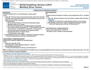 Version 2.2013, 05/29/13 © National Comprehensive Cancer Network, Inc. 2013, All rights reserved. The NCCN Guidelines and this illustration may not be reproduced in any form without the express written permission of NCCN®.
®
NCCN Guidelines Index
Head and Neck Table of Contents
Discussion
Note: All recommendations are category 2A unless otherwise indicated.
Clinical Trials: NCCN believes that the best management of any cancer patient is in a clinical trial. Participation in clinical trials is especially encouraged.
NCCN Guidelines Version 2.2013
Maxillary Sinus Tumors
1
2
3
4
5
Suggest 44-54 Gy in 3D conformal RT and 54-60 Gy in IMRT due to dose painting (depending which dose per fraction).
Treatment to sites of suspected subclinical spread is not consistently performed at all institutions. (Le QT, Fu KK, Kaplan MJ, et al. Lymph node metastasis in maxillary
sinus carcinoma. Int J Radiat Oncol Biol Phys 2000;46:541-549) and (Jeremic B, Nguyen-Tan PF, Bamberg M. Elective neck irradiation in locally advanced squamous
cell carcinoma of the maxillary sinus: a review. J Cancer Res Clin Oncol 2002;128:235-238.)
In the paranasal sinus area, care should be taken to avoid critical neural structures; therefore, 1.8 Gy/fraction can be considered.
See Radiation Techniques (RAD-A) and Discussion.
See Principles of Systemic Therapy (CHEM-A).
MAXI-A
PRINCIPLES OF RADIATION THERAPY1
:
RT Alone (preferred if no chemotherapy is being used)
66 Gy (2.2 Gy/fraction) to 70 Gy (2.0 Gy/fraction) daily
Monday-Friday in 6-7 weeks
66-70 Gy (
44 Gy (2.0 Gy/fraction) to 60 Gy (1.6 Gy/fraction)
PTV
DEFINITIVE
CONCURRENT CHEMORADIATION
· PTV
High risk: Primary tumor and involved lymph nodes (this includes
possible local subclinical infiltration at the primary site and at the
high-risk level lymph node(s))
Fractionation:
2.0 Gy/fraction; 6 fractions/week accelerated)
Concomitant boost accelerated RT: 72 Gy/6 weeks (2 Gy once
daily and then 1.8 Gy/fraction, large field; 1.5 Gy boost as
second daily fraction during last 12 treatment days)
Hyperfractionation: 81.6 Gy/7 weeks
(1.2 Gy/fraction, twice daily)
Intermediate and low risk: Sites of suspected subclinical spread
(preferred for patients eligible for chemotherapy)
High-risk: typically 70 Gy
(2.0 Gy/fraction; daily Monday-Friday) in 7 weeks
Intermediate and low risk:
44 Gy (2.0 Gy/fraction) to 60 Gy (1.6 Gy/fraction)
>
7
3
3
3
>
7
>
>
7
3
2,3
4
·
5
2,3
IMRT is preferred over 3D conformal RT for maxillary sinus or paranasal/ethmoid sinus tumors to minimize dose to critical structures. The role
of proton therapy is being investigated.
POSTOPERATIVE:
RT
44 Gy (2.0 Gy/fraction) to 60 Gy (1.6 Gy/fraction)
POSTOPERATIVE CHEMORADIATION
Concurrent single-agent cisplatin at
100 mg/m every 3 weeks is recommended.
· £
·
Preferred interval between resection and postoperative RT is 6 weeks
PTV
High risk: Adverse features such as positive margins (See footnote j
on
>
)
2,3
2
·
MAXI-3
7
>
7
60-66 Gy (2.0 Gy/fraction; daily Monday-Friday) in 6-6.5 weeks
Intermediate and low risk: sites of suspected subclinical spread
Printed by Brian Hill on 2/28/2014 12:11:38 AM. For personal use only. Not approved for distribution. Copyright © 2014 National Comprehensive Cancer Network, Inc., All Rights Reserved.
 