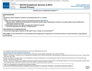 Version 2.2013, 05/29/13 © National Comprehensive Cancer Network, Inc. 2013, All rights reserved. The NCCN Guidelines and this illustration may not be reproduced in any form without the express written permission of NCCN®.
®
NCCN Guidelines Index
Head and Neck Table of Contents
Discussion
Note: All recommendations are category 2A unless otherwise indicated.
Clinical Trials: NCCN believes that the best management of any cancer patient is in a clinical trial. Participation in clinical trials is especially encouraged.
NCCN Guidelines Version 2.2013
Occult Primary
PRINCIPLES OF RADIATION THERAPY1,2
1
2
4
7
8
9
For squamous cell carcinoma, adenocarcinoma, and poorly differentiated carcinoma.
Suggest 44-54 Gy in 3D conformal RT and 54-60 Gy in IMRT due to dose painting (dependent upon dose per fraction).
Bernier J, Domenge C, Ozsahin M, et al. Postoperative irradiation with or without concomitant chemotherapy for locally advanced head and neck cancer. N Engl J Med
2004;350:1945-1952.
Cooper JS, Pajak TF, Forastiere AA, et al. Postoperative concurrent radiotherapy and chemotherapy for high-risk squamous-cell carcinoma of the head and neck.
N Engl J Med 2004;350:1937-1944.
Bernier J, Cooper JS, Pajak TF, et al. Defining risk levels in locally advanced head and neck cancers: A comparative analysis of concurrent postoperative radiation plus
chemotherapy trials of the EORTC (#22931) and RTOG (#9501). Head Neck 2005;27:843-850.
See Radiation Techniques (RAD-A) and Discussion.
OCC-A
2 of 2
POSTOPERATIVE:
RT
·
·
Preferred interval between resection and postoperative RT is 6 weeks
PTV
High risk: Adverse features such as extracapsular spread (See )
Mucosal dose: 50-66 Gy (2.0 Gy/fraction) to putative mucosal sites, depending on field size. Consider higher dose to 60-66 Gy to
particularly suspicious areas
Intermediate and low risk: Sites of suspected subclinical spread
£
·
>
7
>
7 44 Gy (2.0 Gy/fraction) to 60 Gy (1.6 Gy/fraction)
POSTOPERATIVE CHEMORADIATION
Concurrent single-agent cisplatin at 100 mg/m every 3 weeks is recommended.
4
2 7-9
OCC-4
Either IMRT or 3D conformal RT is recommended when targeting the oropharynx to minimize the dose to critical structures, especially the
parotid glands.
Printed by Brian Hill on 2/28/2014 12:11:38 AM. For personal use only. Not approved for distribution. Copyright © 2014 National Comprehensive Cancer Network, Inc., All Rights Reserved.
 