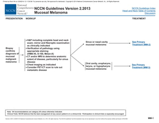 Version 2.2013, 05/29/13 © National Comprehensive Cancer Network, Inc. 2013, All rights reserved. The NCCN Guidelines and this illustration may not be reproduced in any form without the express written permission of NCCN®.
®
NCCN Guidelines Index
Head and Neck Table of Contents
Discussion
Note: All recommendations are category 2A unless otherwise indicated.
Clinical Trials: NCCN believes that the best management of any cancer patient is in a clinical trial. Participation in clinical trials is especially encouraged.
NCCN Guidelines Version 2.2013
Mucosal Melanoma
Biopsy
confirms
diagnosis of
mucosal
malignant
melanoma
PRESENTATION WORKUP
·
·
·
·
·
H&P including complete head and neck
exam; mirror and fiberoptic examination
as clinically indicated
Verification of pathology using
appropriate staining
(HMB-45, S-100, Melan-A)
CT and/or MRI to determine anatomic
extent of disease, particularly for sinus
disease
Chest imaging as indicated
Consider PET-CT scan to rule out
metastatic disease
TREATMENT
Sinus or nasal cavity
mucosal melanoma
Oral cavity, oropharynx,
larynx, or hypopharynx
mucosal melanoma
See Primary
Treatment (MM-2)
See Primary
Treatment (MM-3)
MM-1
Printed by Brian Hill on 2/28/2014 12:11:38 AM. For personal use only. Not approved for distribution. Copyright © 2014 National Comprehensive Cancer Network, Inc., All Rights Reserved.
 