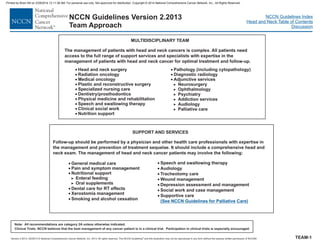 Version 2.2013, 05/29/13 © National Comprehensive Cancer Network, Inc. 2013, All rights reserved. The NCCN Guidelines and this illustration may not be reproduced in any form without the express written permission of NCCN®.
®
NCCN Guidelines Index
Head and Neck Table of Contents
Discussion
Note: All recommendations are category 2A unless otherwise indicated.
Clinical Trials: NCCN believes that the best management of any cancer patient is in a clinical trial. Participation in clinical trials is especially encouraged.
NCCN Guidelines Version 2.2013
Team Approach
Follow-up should be performed by a physician and other health care professionals with expertise in
the management and prevention of treatment sequelae. It should include a comprehensive head and
neck exam. The management of head and neck cancer patients may involve the following:
SUPPORT AND SERVICES
TEAM-1
·
·
·
·
·
·
·
·
·
·
·
·
·
Head and neck surgery
Radiation oncology
Medical oncology
Plastic and reconstructive surgery
Specialized nursing care
Dentistry/prosthodontics
Physical medicine and rehabilitation
Speech and swallowing therapy
Clinical social work
Nutrition support
Pathology (including cytopathology)
Diagnostic radiology
Adjunctive services
>
>
>
>
>
>
Neurosurgery
Ophthalmology
Psychiatry
Addiction services
Audiology
Palliative care
MULTIDISCIPLINARY TEAM
The management of patients with head and neck cancers is complex. All patients need
access to the full range of support services and specialists
for optimal treatment and follow-up.
with expertise in the
management of patients with head and neck cancer
·
·
·
·
·
General medical care
Pain and symptom management
Nutritional support
Dental care for RT effects
Xerostomia management
Smoking and alcohol cessation
Speech and swallowing therapy
Audiology
Tracheotomy care
Wound management
Depression assessment and management
Social work and case management
Supportive care
>
>
Enteral feeding
Oral supplements
·
·
·
·
·
·
·
·
(See NCCN Guidelines for Palliative Care)
Printed by Brian Hill on 2/28/2014 12:11:38 AM. For personal use only. Not approved for distribution. Copyright © 2014 National Comprehensive Cancer Network, Inc., All Rights Reserved.
 