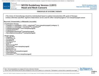 Version 2.2013, 05/29/13 © National Comprehensive Cancer Network, Inc. 2013, All rights reserved. The NCCN Guidelines and this illustration may not be reproduced in any form without the express written permission of NCCN®.
®
NCCN Guidelines Index
Head and Neck Table of Contents
Discussion
Note: All recommendations are category 2A unless otherwise indicated.
Clinical Trials: NCCN believes that the best management of any cancer patient is in a clinical trial. Participation in clinical trials is especially encouraged.
NCCN Guidelines Version 2.2013
Head and Neck Cancers
PRINCIPLES OF SYSTEMIC THERAPY
·
·
The choice of chemotherapy should be individualized based on patient characteristics (PS, goals of therapy).
Unless otherwise specified, regimens listed below can be used for either nasopharyngeal or non-nasopharyngeal cancer.
· Combination therapy
Cisplatin or carboplatin + 5-FU + cetuximab (non-nasopharyngeal) (category 1)
Cisplatin or carboplatin + docetaxel or paclitaxel
Cisplatin/cetuximab (non-nasopharyngeal)
Cisplatin/5-FU
Carboplatin/cetuximab (nasopharyngeal)
Gemcitabine/vinorelbine (nasopharyngeal)
>
>
>
>
>
>
27
30
32
33
28 29
29,31
Recurrent, Unresectable, or Metastatic (incurable)
See References on
page CHEM-A 3 of 3
· Single agents
Cisplatin
Carboplatin
Paclitaxel
Docetaxel
5-FU
Methotrexate
Cetuximab (non-nasopharyngeal)
Ifosfamide
Bleomycin
Gemcitabine (nasopharyngeal)
Capecitabine
Vinorelbine
>
>
>
>
>
>
>
>
>
>
>
>
30,34
35
36
37,38
34
39,40
41
42
43,44
46
47,48
45
(non-nasopharyngeal)
CHEM-A
2 of 5
Printed by Brian Hill on 2/28/2014 12:11:38 AM. For personal use only. Not approved for distribution. Copyright © 2014 National Comprehensive Cancer Network, Inc., All Rights Reserved.
 