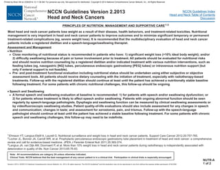 Version 2.2013, 05/29/13 © National Comprehensive Cancer Network, Inc. 2013, All rights reserved. The NCCN Guidelines and this illustration may not be reproduced in any form without the express written permission of NCCN®.
®
NCCN Guidelines Index
Head and Neck Table of Contents
Discussion
Note: All recommendations are category 2A unless otherwise indicated.
Clinical Trials: NCCN believes that the best management of any cancer patient is in a clinical trial. Participation in clinical trials is especially encouraged.
NCCN Guidelines Version 2.2013
Head and Neck Cancers
PRINCIPLES OF NUTRITION: MANAGEMENT AND SUPPORTIVE CARE1-3
NUTR-A
1 of 2
Most head and neck cancer patients lose weight as a result of their disease, health behaviors, and treatment-related toxicities. Nutritional
management is very important in head and neck cancer patients to improve outcomes and to minimize significant temporary or permanent
treatment-related complications (eg, severe weight loss). It is recommended that the multidisciplinary evaluation of head and neck cancer
patients include a registered dietitian and a speech-language/swallowing therapist.
Assessment and Management
·
·
Nutrition
Close monitoring of nutritional status is recommended in patients who have: 1) significant weight loss (>10% ideal body weight); and/or
2) difficulty swallowing because of pain or tumor involvement prior to treatment. All patients should be evaluated for nutritional risks
and should receive nutrition counseling by a registered dietitian and/or indicated treatment with various nutrition interventions, such as
feeding tubes (eg, nasogastric [NG] tubes, percutaneous endoscopic gastrostomy [PEG] tubes) or intravenous nutrition support (but
only if enteral support is not feasible).
Pre- and post-treatment functional evaluation including nutritional status should be undertaken using either subjective or objective
assessment tools. All patients should receive dietary counseling with the initiation of treatment, especially with radiotherapy-based
treatments. Follow-up with the registered dietitian should continue at least until the patient has achieved a nutritionally stable baseline
following treatment. For some patients with chronic nutritional challenges, this follow-up should be ongoing.
Speech and Swallowing
A formal speech and swallowing evaluation at baseline is recommended: 1) for patients with speech and/or swallowing dysfunction; or
2) for patients whose treatment is likely to affect speech and/or swallowing. Patients with ongoing abnormal function should be seen
regularly by speech-language pathologists. Dysphagia and swallowing function can be measured by clinical swallowing assessments or
by videofluoroscopic swallowing studies. Patient quality-of-life evaluations should also include assessment for any changes in speech
and communication; changes in taste; and assessment for xerostomia, pain, and trismus. Follow-up with the speech-language
pathologist should continue at least until the patient has achieved a stable baseline following treatment. For some patients with chronic
speech and swallowing challenges, this follow-up may need to be indefinite.
>
>
>
1Ehrsson YT, Langius-Eklöf A, Laurell G. Nutritional surveillance and weight loss in head and neck cancer patients. Support Care Cancer 2012;20:757-765.
Locher JL, Bonner JA, Carroll WR, et al. Prophylactic percutaneous endoscopic gastrostomy tube placement in treatment of head and neck cancer: a comprehensive
review and call for evidence-based medicine. JPEN J Parenter Enteral Nutr 2011;35:365-374.
Langius JA, van Dijk AM, Doornaert P, et al. More than 10% weight loss in head and neck cancer patients during radiotherapy is independently associated with
deterioration in quality of life. Nutr Cancer 2013;65:76-83.
2
3
Printed by Brian Hill on 2/28/2014 12:11:38 AM. For personal use only. Not approved for distribution. Copyright © 2014 National Comprehensive Cancer Network, Inc., All Rights Reserved.
 