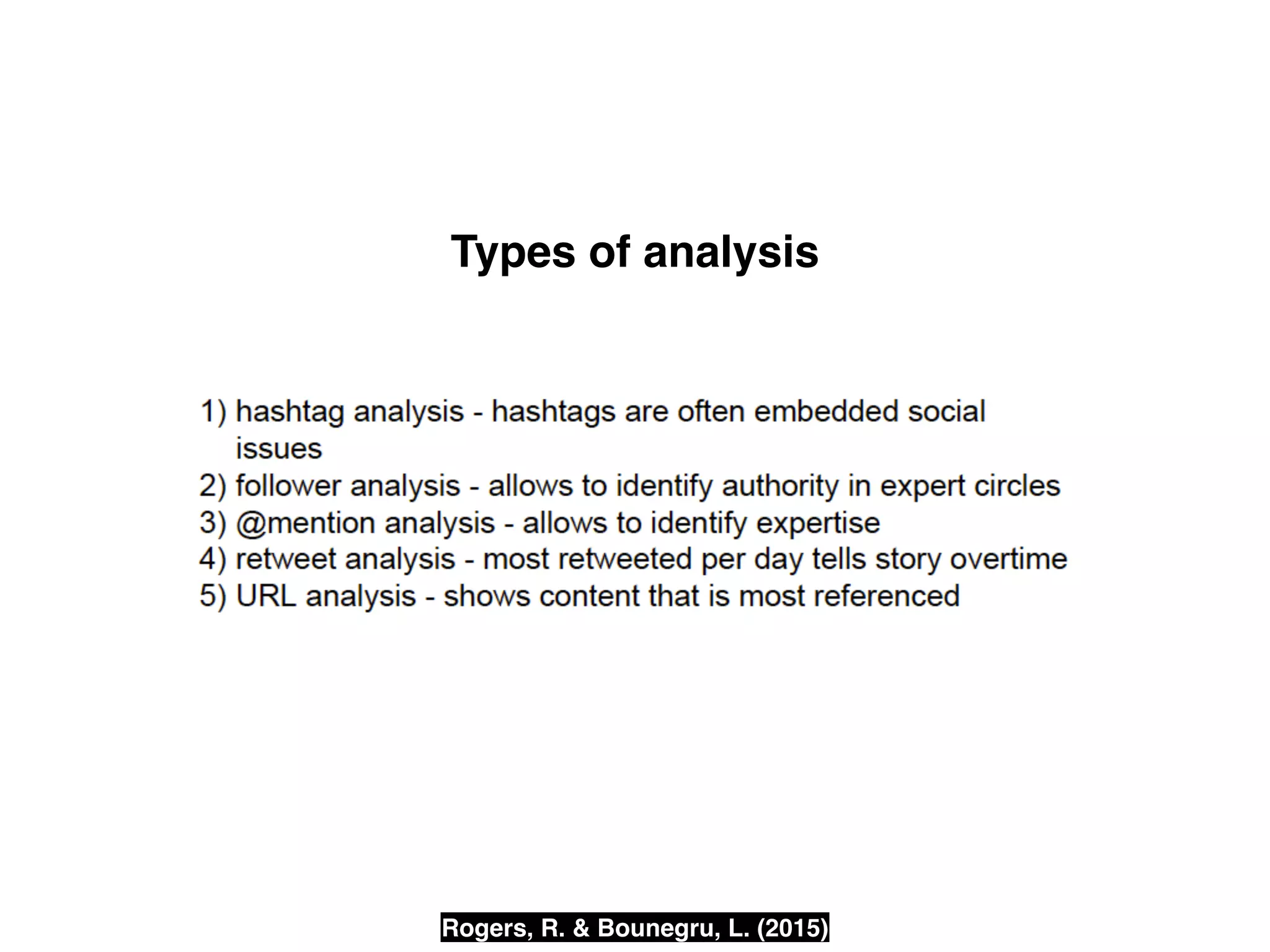 Types of analysis
Rogers, R. & Bounegru, L. (2015)
 