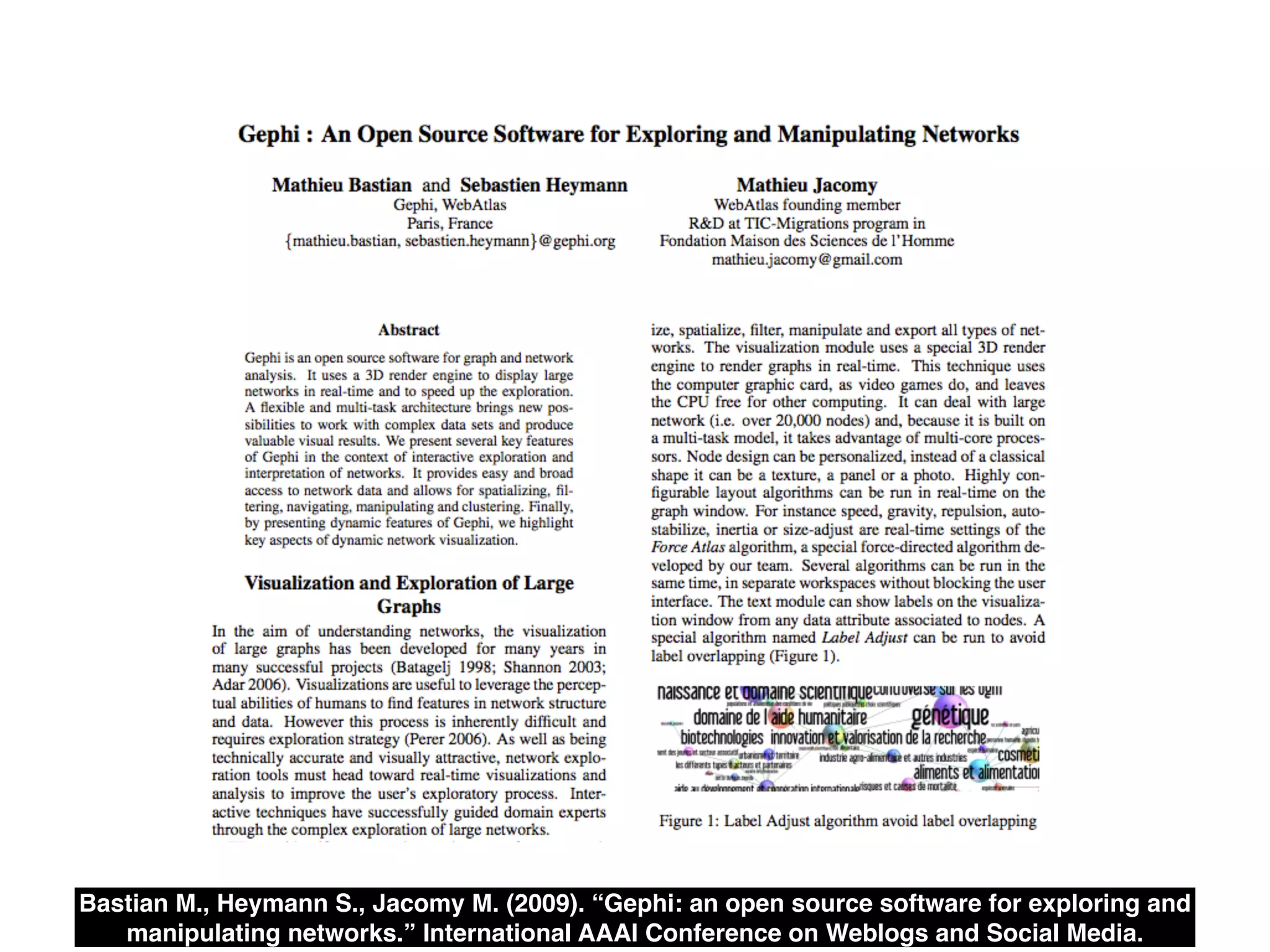 Bastian M., Heymann S., Jacomy M. (2009). “Gephi: an open source software for exploring and
manipulating networks.” International AAAI Conference on Weblogs and Social Media.
 