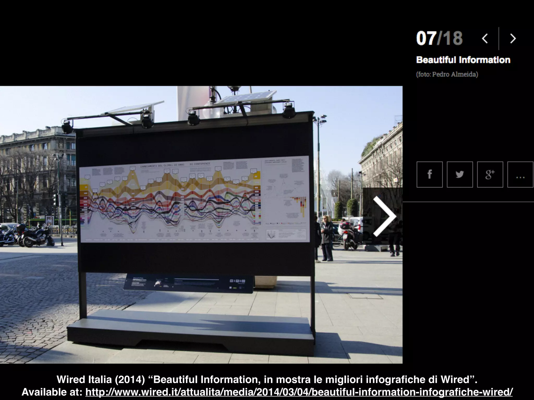 Wired Italia (2014) “Beautiful Information, in mostra le migliori infograﬁche di Wired”. 
Available at: http://www.wired.it/attualita/media/2014/03/04/beautiful-information-infograﬁche-wired/
 