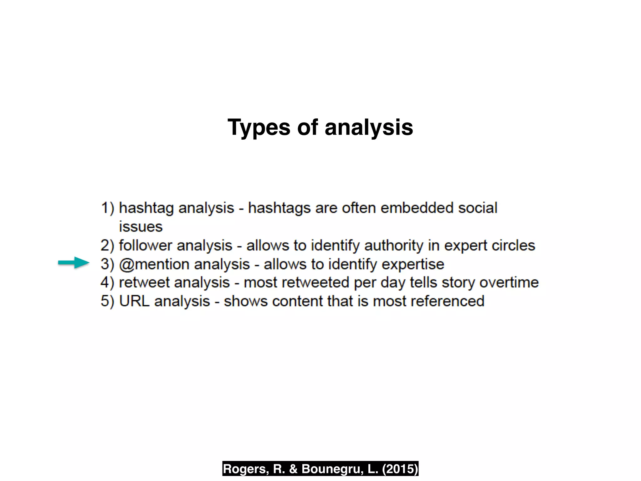 Types of analysis
Rogers, R. & Bounegru, L. (2015)
 