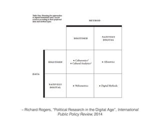 Digital methods are …
!
(1) an approach to studying social and political
issues online (“issue mapping”, “controversy
mapp...