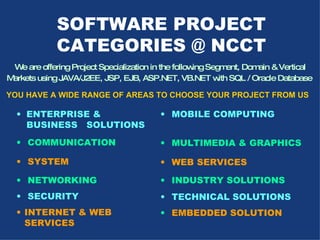 SOFTWARE PROJECT CATEGORIES @ NCCT We are offering Project Specialization in the following Segment, Domain & Vertical Markets using JAVA/J2EE, JSP, EJB, ASP.NET, VB.NET with SQL / Oracle Database   YOU HAVE A WIDE RANGE OF AREAS TO CHOOSE YOUR PROJECT FROM US   ENTERPRISE & BUSINESS  SOLUTIONS   COMMUNICATION   SYSTEM   NETWORKING   SECURITY   INTERNET & WEB SERVICES   MOBILE COMPUTING  MULTIMEDIA & GRAPHICS  WEB SERVICES  INDUSTRY SOLUTIONS  TECHNICAL SOLUTIONS  EMBEDDED SOLUTION  