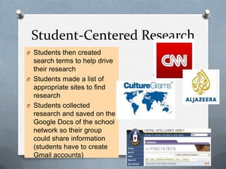 Student-Centered Research
O Students then created
search terms to help drive
their research
O Students made a list of
appropriate sites to find
research
O Students collected
research and saved on the
Google Docs of the school
network so their group
could share information
(students have to create
Gmail accounts)
 