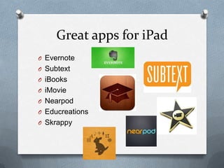 Great apps for iPad
O Evernote
O Subtext
O iBooks
O iMovie
O Nearpod
O Educreations
O Skrappy
 