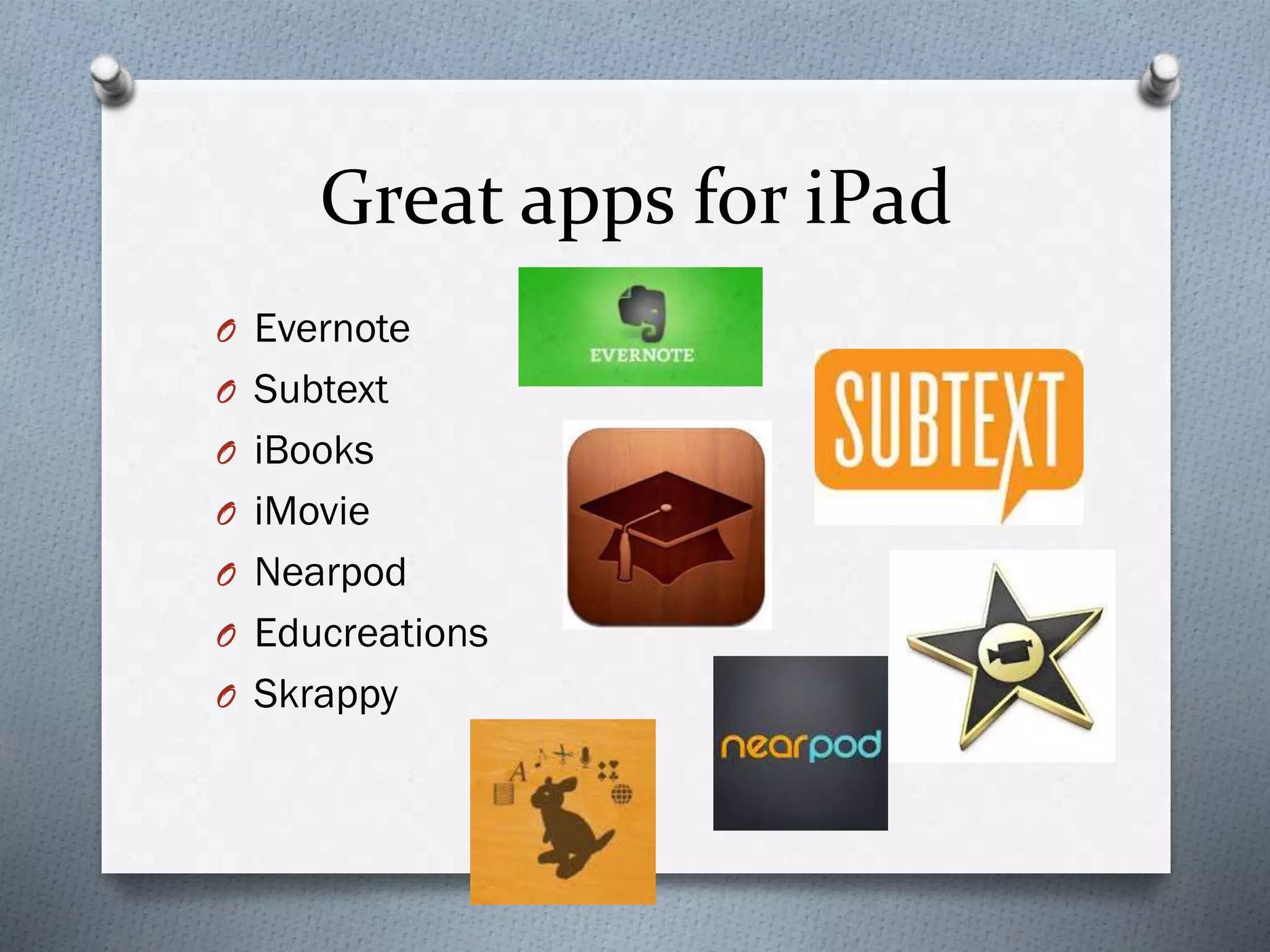 Great apps for iPad
O Evernote
O Subtext
O iBooks
O iMovie
O Nearpod
O Educreations
O Skrappy
 