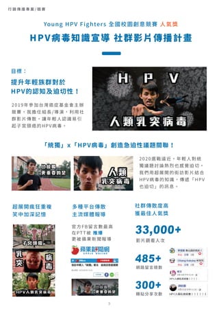 行 銷 傳 播 專 案 / 競 賽
9
2019年參加台灣癌症基金會主辦
競賽，我擔任組長/導演，利用社
群影片傳散，讓年輕人認識易引
起子宮頸癌的HPV病毒。
2020選戰逼近，年輕人對統
獨議題討論熱烈也感覺迫切，
我們用超展開的街訪影片結合
HPV病毒的知識，傳遞「HPV
也迫切」的訊息。
官方FB留言數最高
在PTT被 推爆
更被蘋果新聞報導
目標：
提升年輕族群對於
HPV的認知及迫切性！
「統獨」x「HPV病毒」創造急迫性議題關聯！
超展開瘋狂重複
笑中加深記憶
多種平台傳散
主流媒體報導
社群傳散度高
獲最佳人氣獎
33,000+
影片觀看人次
485+
網路留言總數
300+
轉貼分享次數
Young HPV Fighters 全國校園創意競賽 人氣獎
HPV病毒知識宣導 社群影片傳播計畫
 