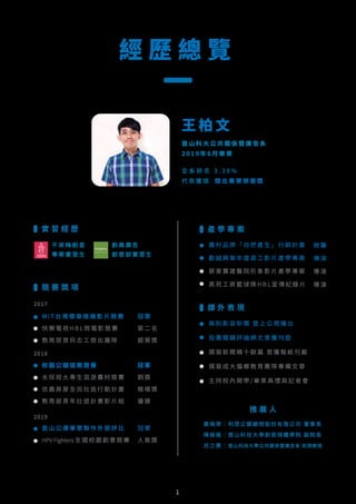 經 歷 總 覽
王 柏 文
崑 山 科 大 公 共 關 係 暨 廣 告 系
2 0 1 9 年 6 月 畢 業
全 系 排 名 3 . 3 8 %
代 表 獲 頒 傑 出 專 業 榮 譽 獎
實 習 經 歷
校 園 公 關 提 案 競 賽
水 保 局 大 專 生 洄 游 農 村 競 賽
信 義 房 屋 全 民 社 造 行 動 計 畫
教 育 部 青 年 壯 遊 計 畫 影 片 組
崑 山 公 廣 畢 業 製 作 外 部 評 比
HPV Fighters 全 國 校 園 創 意 競 賽
M I T 台 灣 標 章 推 廣 影 片 競 賽
快 樂 電 視 H B L 微 電 影 競 賽
教 育 部 資 訊 志 工 傑 出 團 隊
冠 軍
第 二 名
銀 質 獎
冠 軍
銅 獎
楷 模 獎
優 勝
冠 軍
人 氣 獎
2017
2018
2019
競 賽 獎 項
農 村 品 牌 「 自 然 產 生 」 行 銷 計 畫
勤 誠 興 業 年 度 員 工 影 片 產 學 專 案
屏 東 寶 建 醫 院 形 象 影 片 產 學 專 案
高 苑 工 商 籃 球 隊 H B L 宣 傳 紀 錄 片
產 學 專 案
統 籌
導 演
導 演
導 演
兩 則 影 音 新 聞 登 上 公 視 播 出
投 書 關 鍵 評 論 網 文 章 獲 刊 登
撰 寫 新 聞 稿 十 餘 篇 曾 獲 報 紙 刊 載
撰 寫 成 大 偏 鄉 教 育 團 隊 專 欄 文 章
主 持 校 內 開 學 / 畢 業 典 禮 與 記 者 會
課 外 表 現
不 來 梅 創 意
專 案 實 習 生
創 異 廣 告
創 意 部 實 習 生
1
推 薦 人
嚴曉翠│利眾公關顧問股份有限公司 董事長
陳薇薇│崑山科技大學創意媒體學院 副院長
呂之惠│崑山科技大學公共關係暨廣告系 助理教授
 