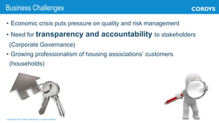 • Economic crisis puts pressure on quality and risk management
• Need for transparency and accountability to stakeholders
(Corporate Governance)
• Growing professionalism of housing associations’ customers
(households)
Copyright © 2013 Cordys Software B.V. All rights reserved. 6
Business Challenges
 
