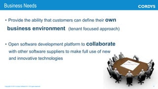 • Provide the ability that customers can define their own
business environment (tenant focused approach)
• Open software development platform to collaborate
with other software suppliers to make full use of new
and innovative technologies
Copyright © 2013 Cordys Software B.V. All rights reserved. 8
Business Needs
 