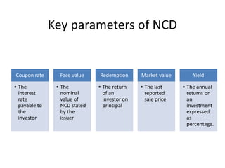 Key parameters of NCD
Coupon rate
• The
interest
rate
payable to
the
investor
Face value
• The
nominal
value of
NCD stated
by the
issuer
Redemption
• The return
of an
investor on
principal
Market value
• The last
reported
sale price
Yield
• The annual
returns on
an
investment
expressed
as
percentage.
 