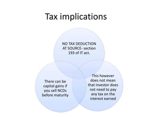 Tax implications
NO TAX DEDUCTION
AT SOURCE- section
193 of IT act.
This however
does not mean
that investor does
not need to pay
any tax on the
interest earned
There can be
capital gains if
you sell NCDs
before maturity
 