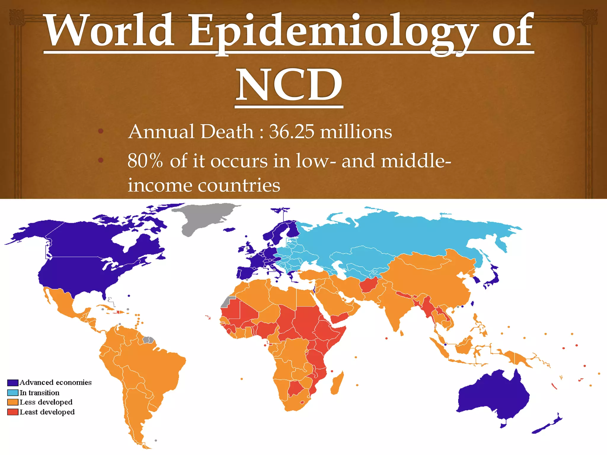 • Annual Death : 36.25 millions
• 80% of it occurs in low- and middle-
income countries
 