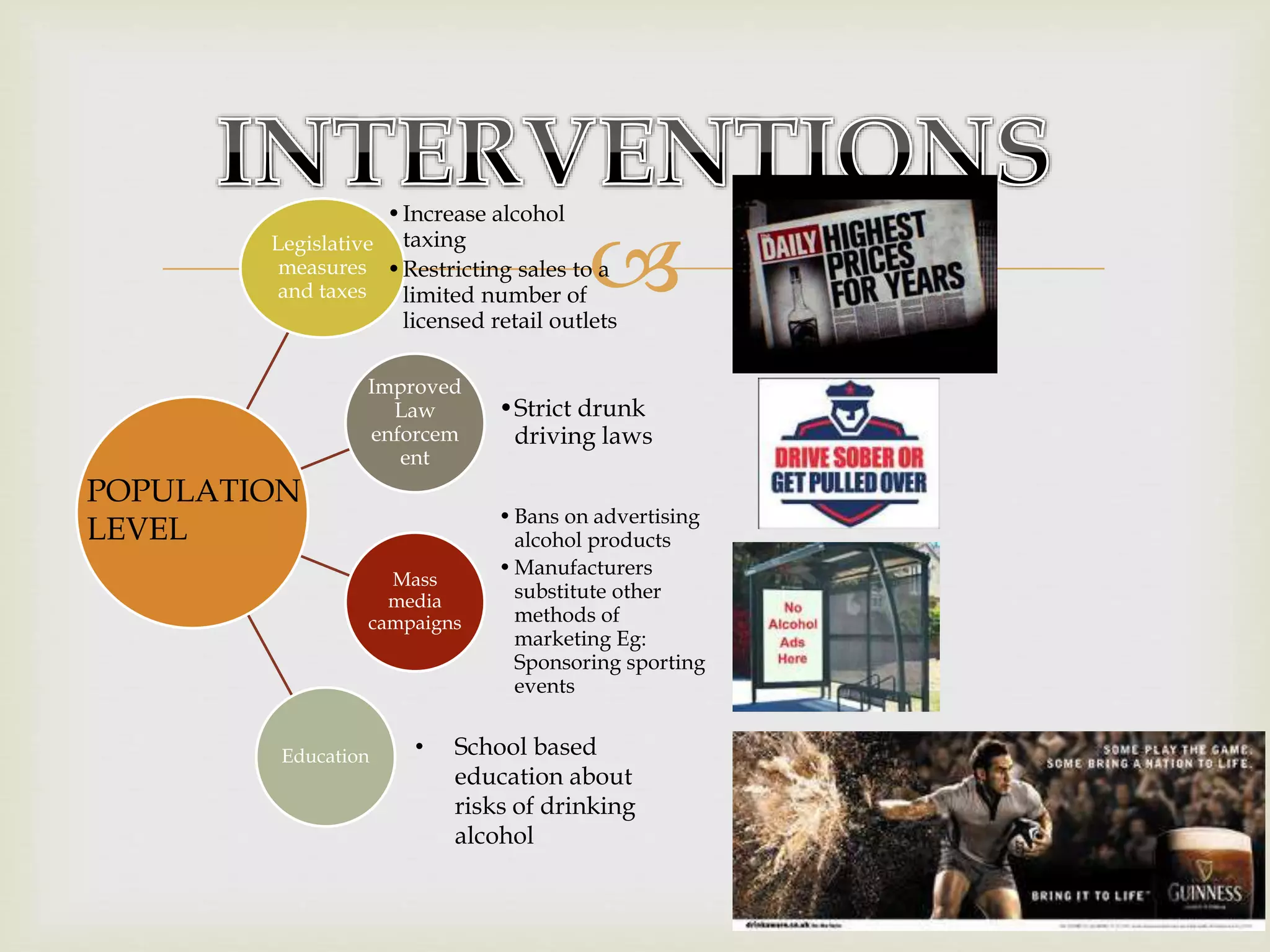 Legislative
measures
and taxes
•Increase alcohol
taxing
•Restricting sales to a
limited number of
licensed retail outlets
Improved
Law
enforcem
ent
•Strict drunk
driving laws
Mass
media
campaigns
•Bans on advertising
alcohol products
•Manufacturers
substitute other
methods of
marketing Eg:
Sponsoring sporting
events
Education
POPULATION
LEVEL
• School based
education about
risks of drinking
alcohol
 