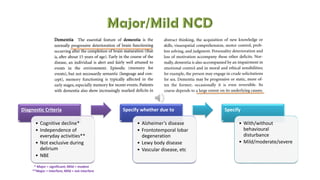 Diagnostic Criteria
• Cognitive decline*
• Independence of
everyday activities**
• Not exclusive during
delirium
• NBE
Specify whether due to
• Alzheimer’s disease
• Frontotemporal lobar
degeneration
• Lewy body disease
• Vascular disease, etc
Specify
• With/without
behavioural
disturbance
• Mild/moderate/severe
* Major = significant; Mild = modest
**Major = interfere; Mild = not interfere
 