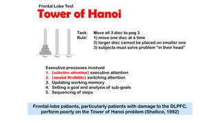 Tower of Hanoi
Frontal Lobe Test
Task: Move all 3 disc to peg 3
Rule: 1) move one disc at a time
2) larger disc cannot be placed on smaller one
3) subjects must solve problem “in their head”
Executive processes involved
1. [selective attention] executive attention
2. [mental flexibility] switching attention
3. Updating working memory
4. Setting a goal and analysis of sub-goals
5. Sequencing of steps
Frontal-lobe patients, particularly patients with damage to the DLPFC,
perform poorly on the Tower of Hanoi problem (Shallice, 1982)
 