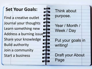 Set Your Goals:
Find a creative outlet
Journal your thoughts
Learn something new
Address a burning issue
Share your knowledge
Build authority
Join a community
Start a business
Think about
purpose.
Year / Month /
Week / Day
Put your goals in
writing!
Draft your About
Page
 