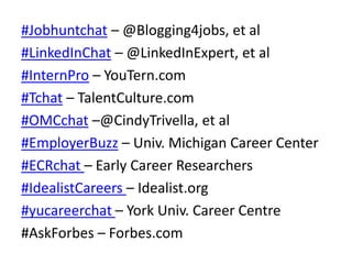 #Jobhuntchat – @Blogging4jobs, et al
#LinkedInChat – @LinkedInExpert, et al
#InternPro – YouTern.com
#Tchat – TalentCulture.com
#OMCchat –@CindyTrivella, et al
#EmployerBuzz – Univ. Michigan Career Center
#ECRchat – Early Career Researchers
#IdealistCareers – Idealist.org
#yucareerchat – York Univ. Career Centre
#AskForbes – Forbes.com
 