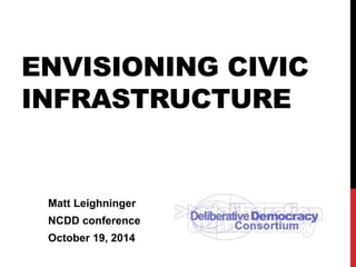 ENVISIONING CIVIC 
INFRASTRUCTURE 
Matt Leighninger 
NCDD conference 
October 19, 2014 
 