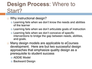 Results: Blended and online courses consistently produce better results for student learning than 100% face-to-face instruction The Quest for QualityWhat are the characteristics of quality face-to-face instruction?Should these characteristics be any different for online instruction?The debate over derivative standards.What are the specific demands of online education that require unique quality control standards?