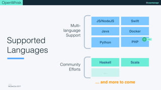 NCDevCon 2017
@csantanaprOpenWhisk
Supported
Languages
JS/NodeJS Swift
Python
Java Docker
Go Haskell
Scala . . .
Multi-
language
Support
Community
Efforts
… and more to come
JS/NodeJS
Java
Python
Swift
Docker
Haskell
…
Scala
PHP
New
 
