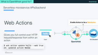 NCDevCon 2017
@csantanapr
Gives you full control over HTTP
request/response from within an
action
Web Actions
Serverless microservice APIs/backend
What is OpenWhisk good for?
Another way to invoke an action is via
our newest web action capabilities.
Those OpenWhisk actions quickly
enable you to build web based
applications. Allowing backend logic
which your web application can
access  anonymously without requiring
an OpenWhisk authentication key. It is
up to the action developer to
hello
Client
Openwhisk
IBM Cloudant
Enable Action to be a WebAction
 