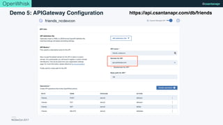 NCDevCon 2017
@csantanaprOpenWhisk
Demo 5: APIGateway Conﬁguration https://api.csantanapr.com/db/friends
 