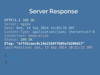 HTTP/1.1!
Server:!
200 OK!
nginx!
Date:"Wed, 14
Content-Type:!
Sep 2014 14:03:33!
application/json;!
GMT!
charset=utf-8!
Connection:
Status: 200!
keep-alive
OK!
ETag:! "ef742caec0c19e2169ffb05e7d200d17"!
Last-Modified: Sat, 13 Sep 2014 10:52:21 GMT!
{!
}!
“data”: …!
Server Response
 