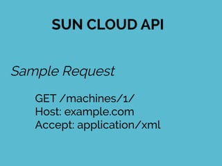 SUN CLOUD API
GET /machines/1/
Host: example.com
Accept: application/xml
Sample Request
 