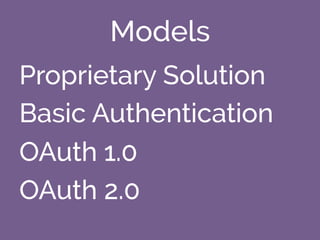 Models
Proprietary Solution
Basic Authentication
OAuth 1.0
OAuth 2.0
 