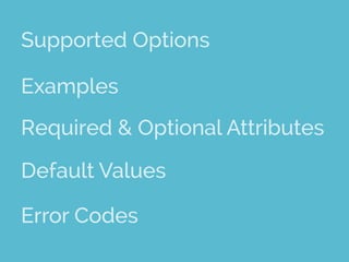 Supported Options
Examples
Required & Optional Attributes
Default Values
Error Codes
 