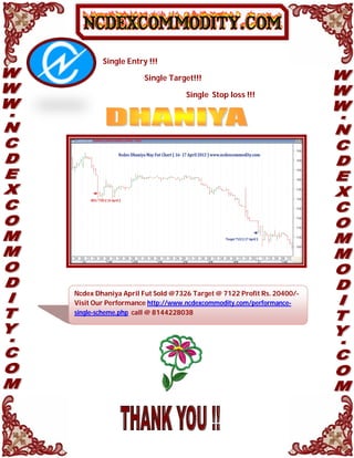 Single Entry !!!
Single Target!!!
Single Stop loss !!!
Ncdex Dhaniya April Fut Sold @7326 Target @ 7122 Profit Rs. 20400/-
Visit Our Performance http://www.ncdexcommodity.com/performance-
single-scheme.php call @ 8144228038
 
