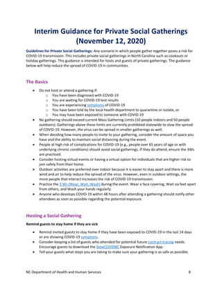NC Department of Health and Human Services 8
Interim Guidance for Private Social Gatherings
(November 12, 2020)
Guidelines...