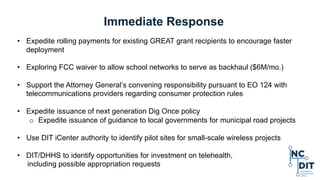 Immediate Response
• Expedite rolling payments for existing GREAT grant recipients to encourage faster
deployment
• Exploring FCC waiver to allow school networks to serve as backhaul ($6M/mo.)
• Support the Attorney General’s convening responsibility pursuant to EO 124 with
telecommunications providers regarding consumer protection rules
• Expedite issuance of next generation Dig Once policy
o Expedite issuance of guidance to local governments for municipal road projects
• Use DIT iCenter authority to identify pilot sites for small-scale wireless projects
• DIT/DHHS to identify opportunities for investment on telehealth,
including possible appropriation requests
 