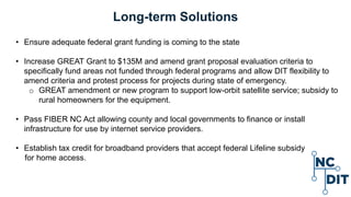 Long-term Solutions
• Ensure adequate federal grant funding is coming to the state
• Increase GREAT Grant to $135M and amend grant proposal evaluation criteria to
specifically fund areas not funded through federal programs and allow DIT flexibility to
amend criteria and protest process for projects during state of emergency.
o GREAT amendment or new program to support low-orbit satellite service; subsidy to
rural homeowners for the equipment.
• Pass FIBER NC Act allowing county and local governments to finance or install
infrastructure for use by internet service providers.
• Establish tax credit for broadband providers that accept federal Lifeline subsidy
for home access.
 
